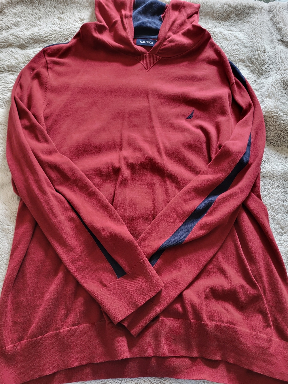 Nautica Red Hooded Sweater with Navy Stripe Detail